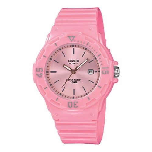 Reloj pulsera Casio Youth LRW-200 de cuerpo color rosa, analógico, para mujer, fondo rosa, con correa de resina color rosa, agujas color bordó y blanco, dial negro, minutero/segundero negro, bisel color rosa y hebilla simple
