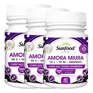 Amora Miura Vit E B6 Magnesio 1000mg 60caps Sunfood 3 Potes Sabor Sem Sabor