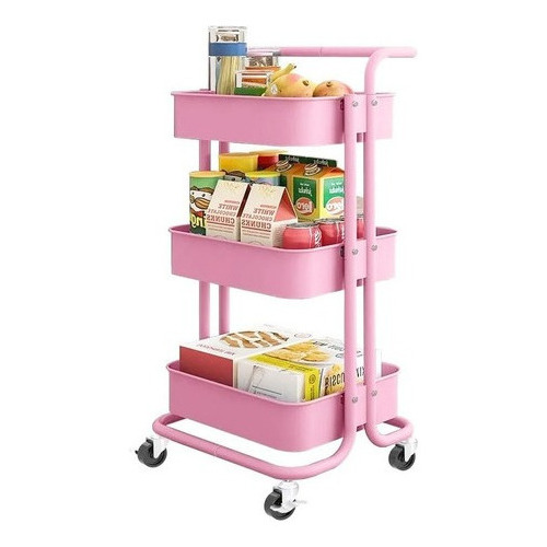 Carrito Auxiliar Organizador Metalic De 3 Niveles Con Ruedas Color rosado