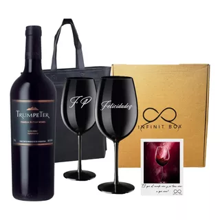 Box Vino Trumpeter Malbec + 2 Copas Negras Grabadas Regalo 