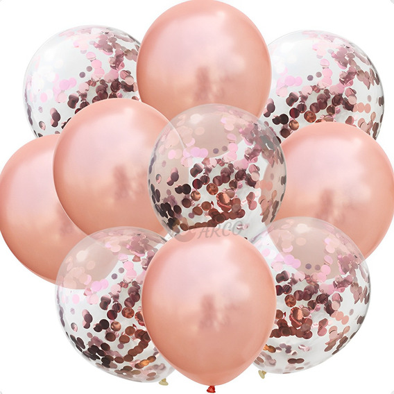 Set Decoración Globo Cromo Confetti X 10 Oro Rosa