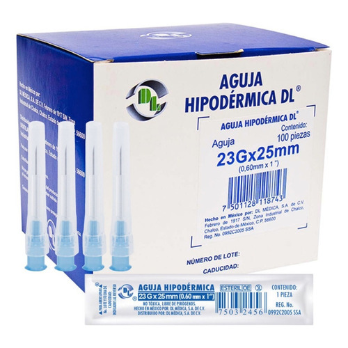 Aguja HiPodérmica Calibre 23g X 25 Azul Caja Con 100 Agujas Capacidad En Volumen 1 Ml