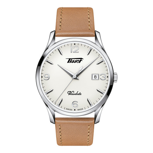 Reloj pulsera Tissot T118.410.16.277.00, analógico, para hombre, fondo blanco, con correa de cuero color marrón, bisel color plateado y hebilla simple