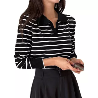 Suéter De Mujer De Manga Larga Con Solapa En Blanco Y Negro