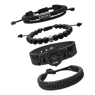 Pulseiras De Couro Masculinas Bolinhas  Bússola Kit C / 04 