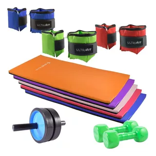 Kit De Entrenamiento Colchoneta Rueda Pesas Tobillera Color Multicolor