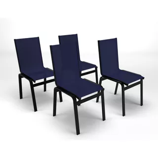 Kit 4 Cadeiras Jantar Gourmet Alumínio Preto Tela Azul