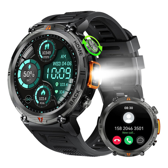 Smartwatch Ke3 Reloj Inteligente Con Linterna Integrada Estilo Militar Uso Rudo Y Deportivo Para Hombre Llamadas Notificaciones Deportes Sensor De Ritmo Cardiaco Isdewatch Negro