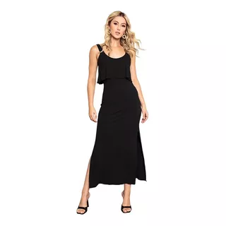 Vestido Longo Com Fenda Lateral  E Babado  Alça Fina 