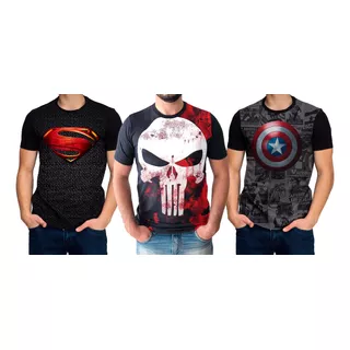 Camiseta Superman Capitao America Justiceiro Kit Com 3