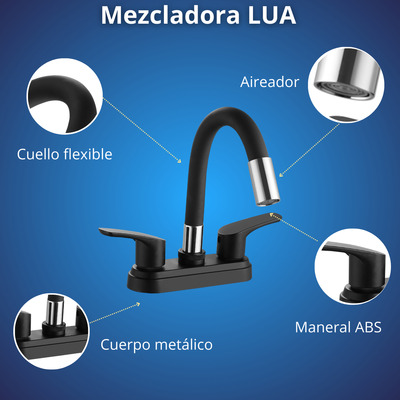 Llave Mezcladora Negra Para Lavabo Cuello Flexible Eco Lua