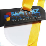 50 Medalhas Redonda 5cm Acrílico Cristal 2mm C/ Fita Amarel