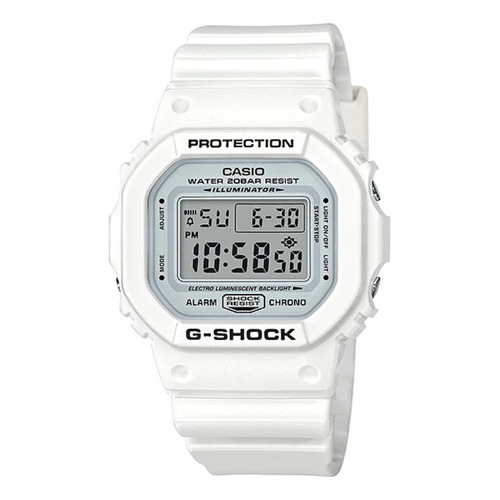 Reloj pulsera Casio G-Shock DW5600 de cuerpo color blanco, digital, fondo gris, con correa de resina color blanco, dial negro, minutero/segundero negro, bisel color blanco, luz azul verde y hebilla simple