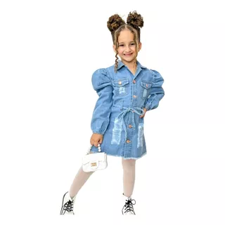 Vestido Com Manga Jeans Menina Infantil Criança Princesa
