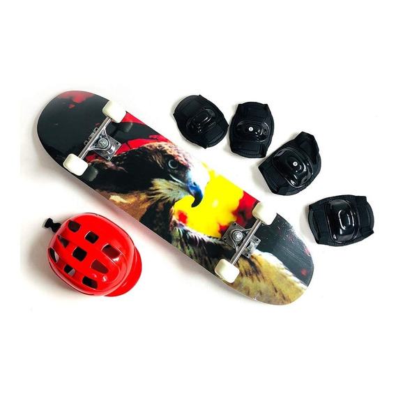 Skate Patineta Doble Cola Madera Con Casco Y Protecciones