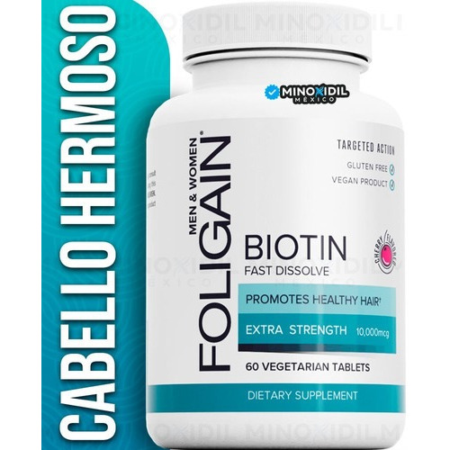 Foligain Biotina / Biotin Para Engrosamiento Del Cabello 10,000mcg Rápida Disolución Sabor A Cereza 60 Tabletas Comprimidas Vegetarianas