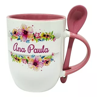 Caneca Colher Rosa Personalizada Floral Irmã, Mamãe, Vovó