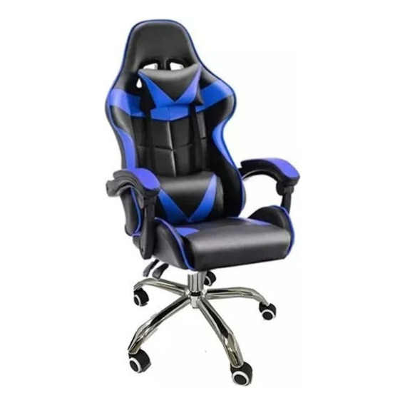 Silla Gamer Azul Oficina Gaming Escritorio Youtuber Melshop Sillon Comodo Regulable Soporte Lumbar Cojin Apoyabrazos Ruedita Ergonomica Giratoria Reclinable Apoya Cabeza Tapizado Eco Cuero