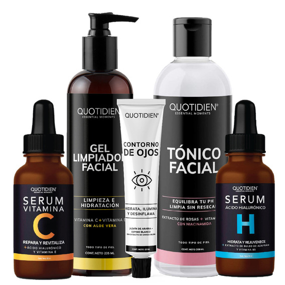 Kit Limpiador Facial + Tonico Facial + Serum Vitamina C + Suero Acido Hialuronico + Gel Contorno de Ojos Quotidien Essential Moments Kit Hidratacion Facial - 5 piezas