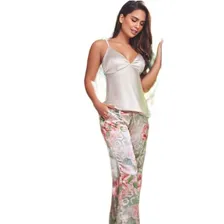 Pijama Mujer Satín Con Pantalon Largo Y Esqueleto Pijama Mujer Satín Con Pantalon Largo Y Esqueleto
