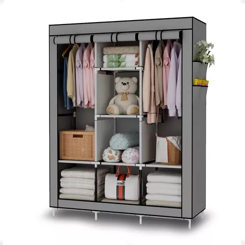 Armario Portátil, Armario Plegable, Organizador de Ropa con Rieles para  Colgar, Estantes, Cubierta de Tela, para el Dormitorio 150 x 45 x 175 cm  Gris