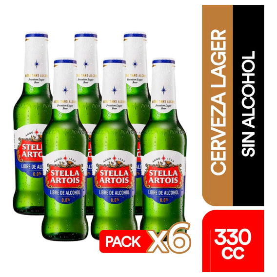 Pack 6 Cerveza Stella Artois 0.0 Sin Alcohol Botella 330cc