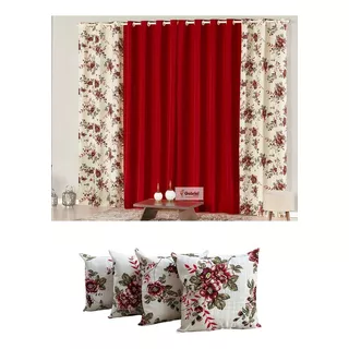 Combo Cortina Sala Floral 2.00m X 1,70m + 4 Almofadas Cheia