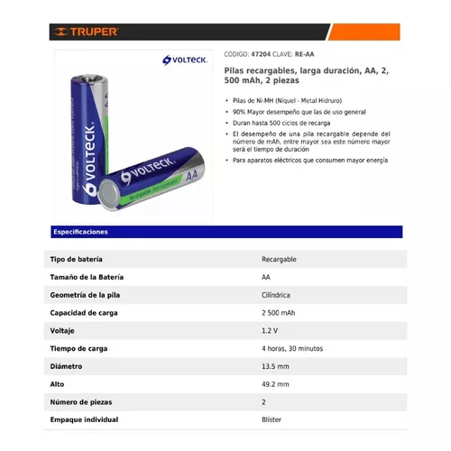 Blíster con 2 pilas AA recargables larga duración, 2500 mAh, Pilas  Recargables, 47204