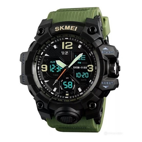 Reloj de pulsera Skmei 1155 de cuerpo color negro, analógico-digital, para hombre, fondo negro, con correa de poliuretano color verde, agujas color verde y naranja y blanco, dial amarillo y blanco, subesferas color negro, minutero/segundero blanco, bisel color negro y hebilla doble