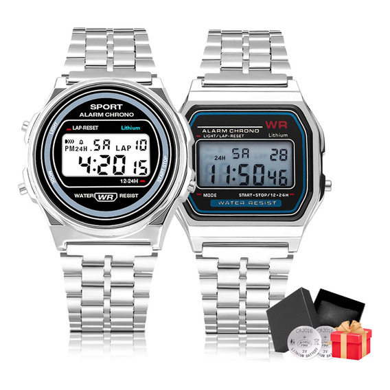 2pzs Reloj Digital A168 Para Mujer Y Hombre Metal Plateado