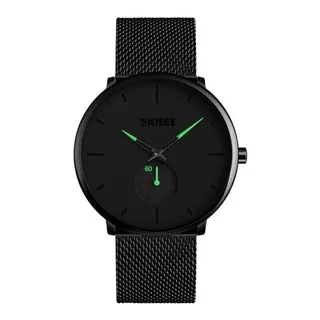 Reloj Pulsera Skmei 9185 De Cuerpo Color Negro, Analógico, Fondo Negro, Con Correa De Acero Color Negro, Agujas Color Negro Y Verde, Dial Negro, Subesferas Color Negro, Minutero/segundero Negro Y Verd