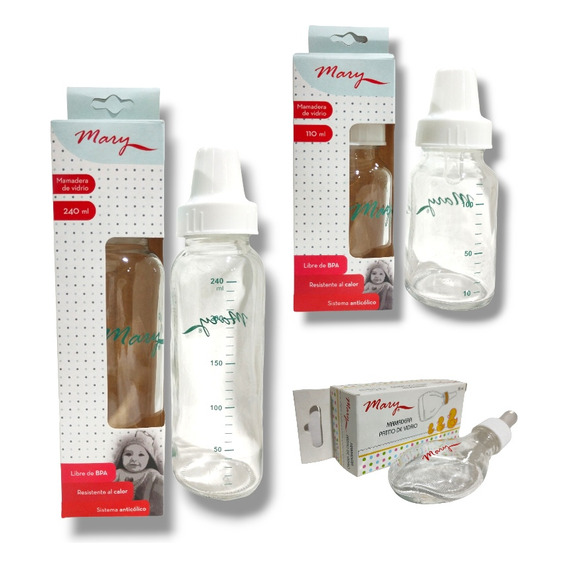 Mamadera Mary Vidrio Pack 3 Und 35, 110 Y 240 Ml 