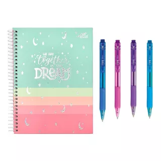 Caderno Colegial Cd Espiral Arco Iris + Kit De 4 Canetas