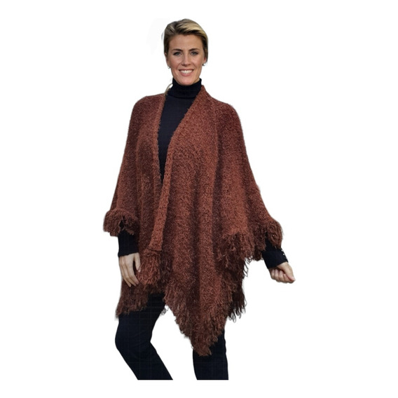 Maxi Ruana / Mantón / Capa Peluda Tipo Angora Y Flecos