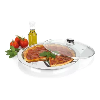 Bandeja Suporte Servir Pizza Com Tampa Bandeja Inox 32 Cm