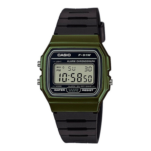 Reloj de pulsera Casio Collection F-91WG-9QDF-SC de cuerpo color verde, digital, para hombre, fondo gris, con correa de resina color negro, dial negro, minutero/segundero negro, bisel color verde y hebilla simple