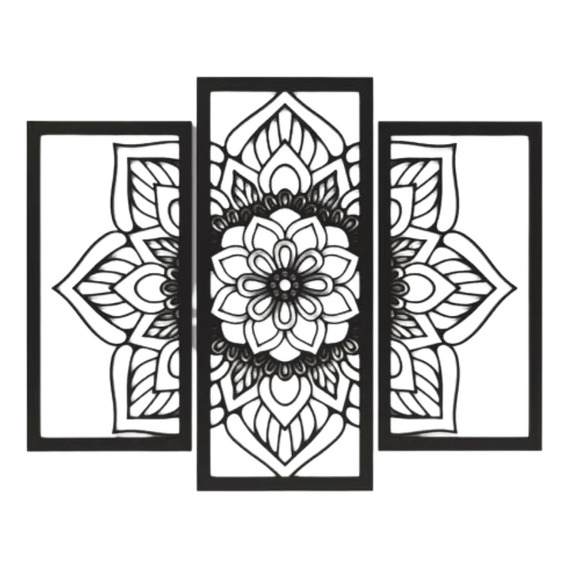 Cuadro Mandala Triptico Artesanal Negro Mdf Calado Decoraci