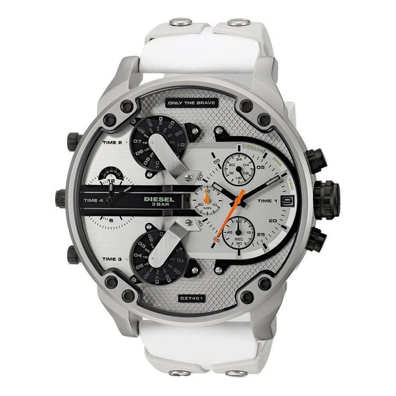 Reloj pulsera Diesel DZ7401 con correa de cuero/silicona color blanco/gris - fondo blanco - bisel plateado