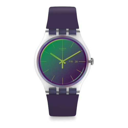 Reloj pulsera Swatch Originals POLAROSE de cuerpo color transparente, analógico, para mujer, fondo verde y púrpura, con correa de silicona color púrpura, agujas color verde, dial verde, bisel color plateado y hebilla simple