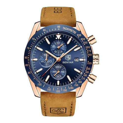 Reloj pulsera Benyar 5140 con correa de cuero color marrón - fondo azul