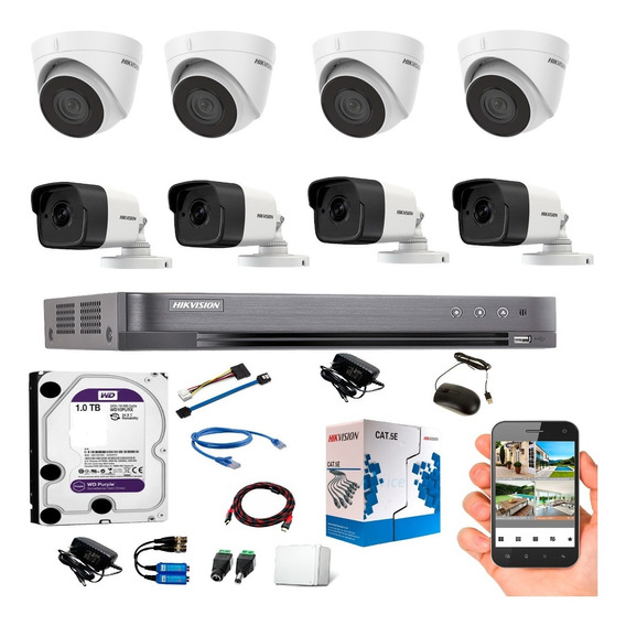 Kit Hikvision Dvr 8 Ch + 8 Camaras  5mpx Ultra Hd + Disco 1t