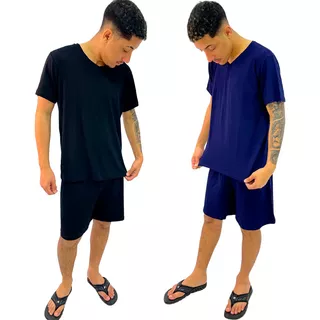 Kit 2 Pijama Masculino Curto Verão Preto E Azul Marinho