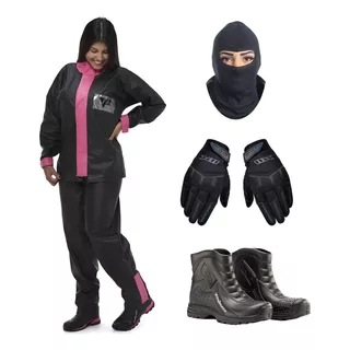 Kit Capa De Chuva Feminina Bota Pantaneiro Luva Balaclava