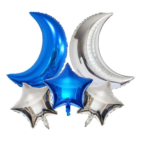 Set Globos Metálico Luna Estrella Cotillón Activarte Color Celeste Luna Y Estrella