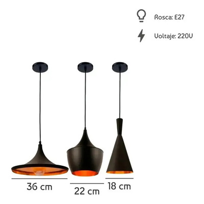 X3 Lámparas Colgantes Modernas Beat Wide Tall Fat Negro Negro