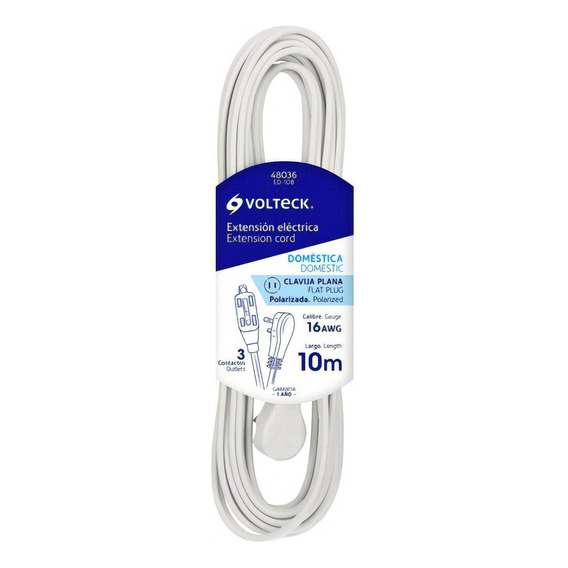 Extensión Eléctrica Doméstica, 10 M, Blanca, Volteck, 48036