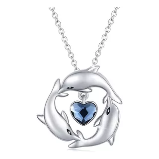 Collar Plata 925 Colgante Delfines Corazon De Cristal Joyas