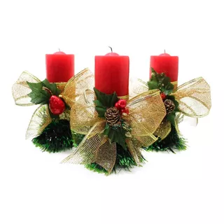 Kit 3 Velas Vermelhas Decorativas Para Natal Com Laço Dourad