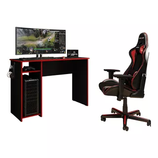 Mesa Computador Gamer Gaming Desk Flex Com Suporte Vermelha