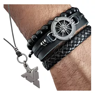 Pulseiras Masculinas Couro Bússola Kit C / 03 + Colar Tribal